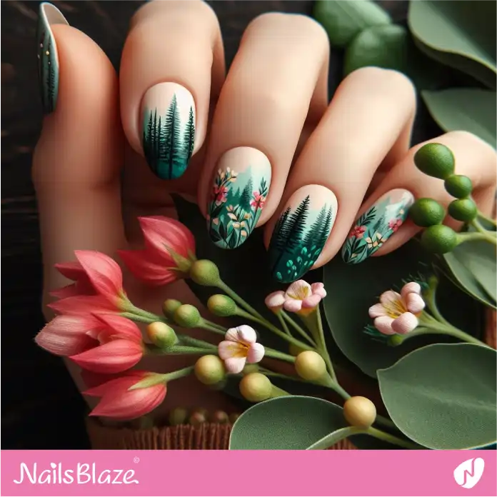Serene Forest with Tall Trees and Colorful Flowers on Nails | Love the Forest Nails - NB2787